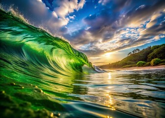 Poster - Abstract Green Wave Background: Captivating Landscape Photography of Fluid Green Tones Merging in an Enchanting Natural Scene for Modern Aesthetic and Artistic Inspiration