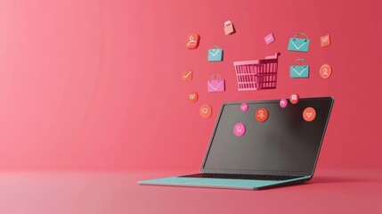 Poster - Laptop displays various icons related to online shopping, e commerce, and delivery, while a vibrant pink shopping basket floats above, symbolizing the ease and convenience of online purchasing