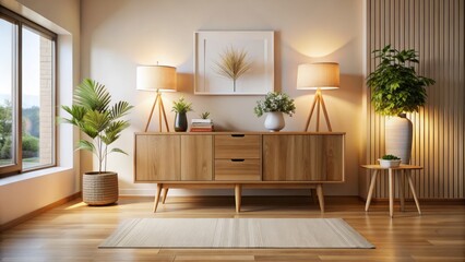 Wall Mural - Stylish Interior Design with Wooden Sideboard and Modern Lamp in a Bright, Spacious Room Featuring Minimal Decor – Perfect for Home Decor Inspiration and Lifestyle Imagery