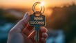 © MSH - Person holding the words upon success key, Sunset time a person holding success key