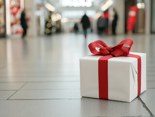 beautifully wrapped gift box with red ribbon sits on mall floor, surrounded by holiday decorations and shoppers. festive atmosphere enhances excitement of season