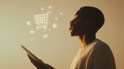 Poster - Customer holding tablet is shopping online and visualizing a shopping cart and other e commerce icons, representing the concept of online payment and delivery