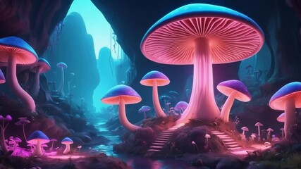 Poster - Enchanting Scene of Magic Mushroom Valley Illuminated by Neon Lights Perfect for Fantasy Themed Art and Designs
