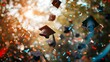 © creative - Gradution Cap with Confetti Background, Graduation Day Concept Flying graduation caps on the air with golden confetti for graduates colleges party