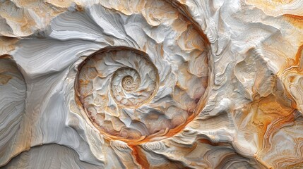 Poster - Intricate Swirling Patterns of a Natural Shell Forming a Spiral in Earthy Tones with Fluid Textures and Detailed Geological Layers
