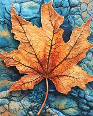 Poster - Stunning Close-Up of a Vibrant Maple Leaf on Abstract Blue Background Showcasing Intricate Veins and Natural Texture in Autumn Colors for Creative Projects