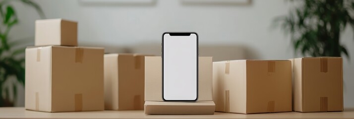 Poster - Smartphone with blank white screen is standing on small carton with bigger delivery boxes behind it on wooden table, suggesting online shopping and e commerce business