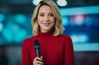 © Stone Story - A confident female news presenter smiling while holding a microphone in a modern broadcast studio.
