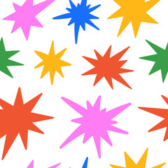 Poster - Abstract seamless pattern with simple groovy stars. Colorful kids print, printable childish texture for wallpaper, fabric, textile, wrapping paper. Vector illustration