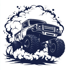 Monster truck with huge wheels and a cloud of smoke.