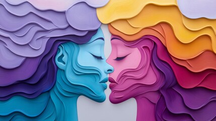 Wall Mural - two women with colorful hair and faces are kissing each other. the image is a colorful and vibrant r