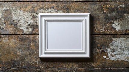 Poster - Rustic White Frame on Weathered Wooden Background Ideal for Artwork Display or Photography Showcase in Vintage Interior Design Aesthetics