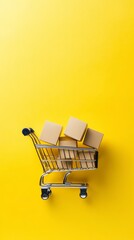 Poster - Miniature shopping cart carrying cardboard boxes on a vibrant yellow background, representing the concepts of online shopping, e commerce, and delivery services