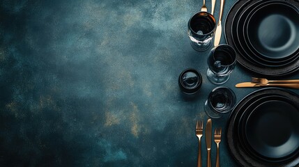 Poster - Elegant Table Setting with Black Plates and Cutlery on Dark Background, Perfect for Dining, Events, Culinary Arts, and Stylish Gatherings