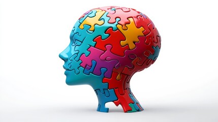 Wall Mural - puzzle of a brain with a blue face. the puzzle is made up of different colored pieces