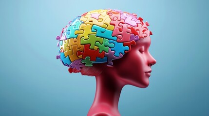 Wall Mural - woman's head is made of puzzle pieces, representing the complexity of the human brain. concept of cu
