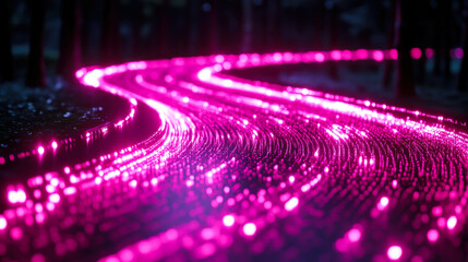 Poster - digital neon road with pink binary code patterns in a futuristic landscape