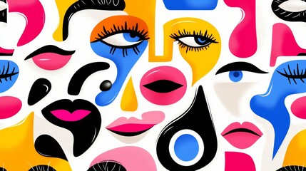 Wall Mural - colorful painting of faces with lips and eyes. the painting is a collage of different faces with dif