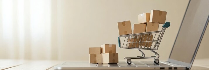 Poster - Miniature shopping cart full of cardboard boxes is standing on a laptop keyboard, representing the concept of online shopping, e commerce, and delivery in the digital age