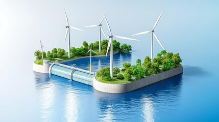 integrated renewable energy park, wind turbines and hydro dam, clean and sustainable energy generati