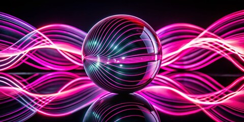 Poster - Captivating Double Exposure of Neon Pink Abstract Ripples and Lines Reflected in a Crystal Ball on a Black Background with Light Painting Effects