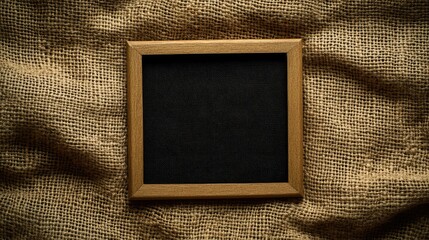 Poster - Rustic wooden frame on burlap background, perfect for showcasing text or art, ideal for creative projects in photography or marketing and unique design applications.
