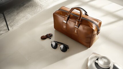 Poster - Stylish Brown Leather Bag on Light Surface with Sunglasses and Coffee Cup, Perfect for Travel, Fashion, and Lifestyle Photography