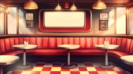 Poster - Cozy Retro Diner Interior with Red Vinyl Seating, Round Tables, Checkered Floor, and Soft Natural Lighting for a Nostalgic Ambiance