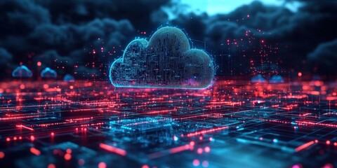 Fototapete - Futuristic Digital Cloud Network Visualization with Glowing Elements and Data Representation Above a Surreal City Landscape in Dark Ambient Environment