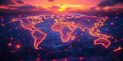 Poster - stunning visualization of an electrifying world map with bright network connections during a vibrant
