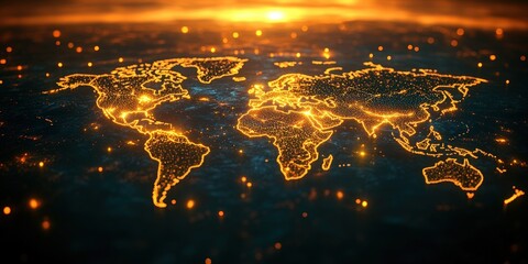Poster - stunning artistic representation of the world map with illuminated network lines and sparkling light