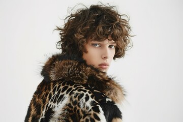 model in leopard print faux fur coat, luxurious vintage style