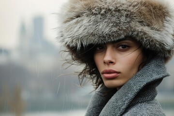 woman in fur hat during a snowy, cold day