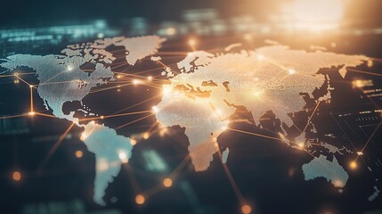 Poster - illuminated global network with world map, connectivity concept.
