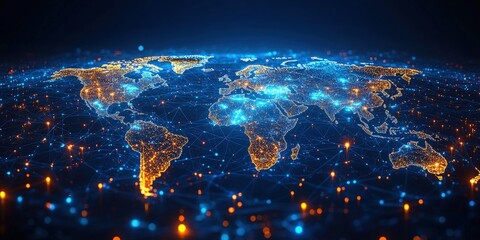 Poster - stunning digital representation of a global network at night showcasing brightly lit continents inte