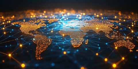 Poster - detailed aerial view of an illuminated world map showcasing vibrant connections and digital network 
