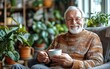 © ArtsybitDesign - Smiling senior man enjoys a warm drink in his cozy home, surrounded by lush greenery. A peaceful and content moment.