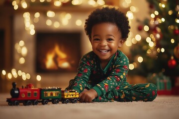 Wall Mural - Child plays with train by Christmas tree, festive mood