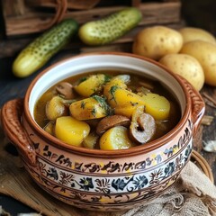 Canvas Print - Kidney & potatoes & pickles in ceramic pot