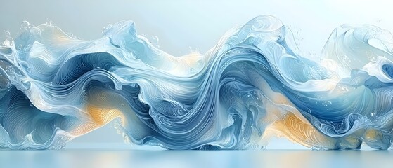 Wall Mural - An abstract representation of flowing water, featuring soft blue and white waves that blend seamlessly with light orange undertones, creating a serene and tranquil atmosphere.