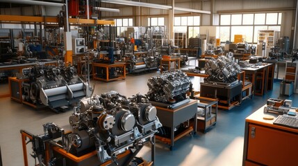 Canvas Print - Factory interior with panoramic view of motor production line on top, engines being assembled, calibrated, and prepared for testing.