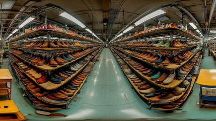 Poster - Full factory panorama of a shoe production line, top level with rows of shoes undergoing stitching, bonding, and final quality inspection before packaging.