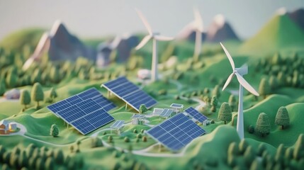 Wall Mural - Illustration of renewable energy sources with solar panels, wind turbines, and green landscapes.