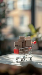 Poster - Small shopping cart overflowing with cardboard boxes representing the ease and convenience of online shopping, symbolizing e commerce and home delivery