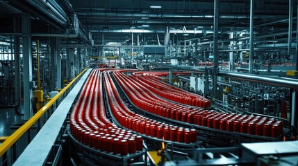 Wall Mural - Panoramic view inside a modern beverage factory, top-level production line with rows of soda cans being packaged.