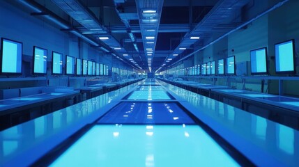 Wall Mural - panoramic view of a 4k lcd factory production line, showcasing screens moving through stages of asse