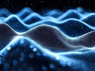 Poster - A mesmerizing abstract representation of glowing blue waves, creating an ethereal atmosphere. The composition features intricate patterns of light against a dark background.
