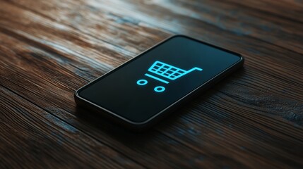 Aufkleber - Modern smartphone displaying glowing shopping cart icon placed on rustic wooden table represents online shopping and e commerce