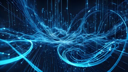 Wall Mural - Abstract representation of flowing blue light waves and particles in a digital space.