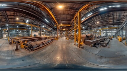 Canvas Print - Wide-angle panorama of the steel manufacturing line, capturing raw material smelting, hot rolling, and cooling sections in a high-tech steel mill facility.